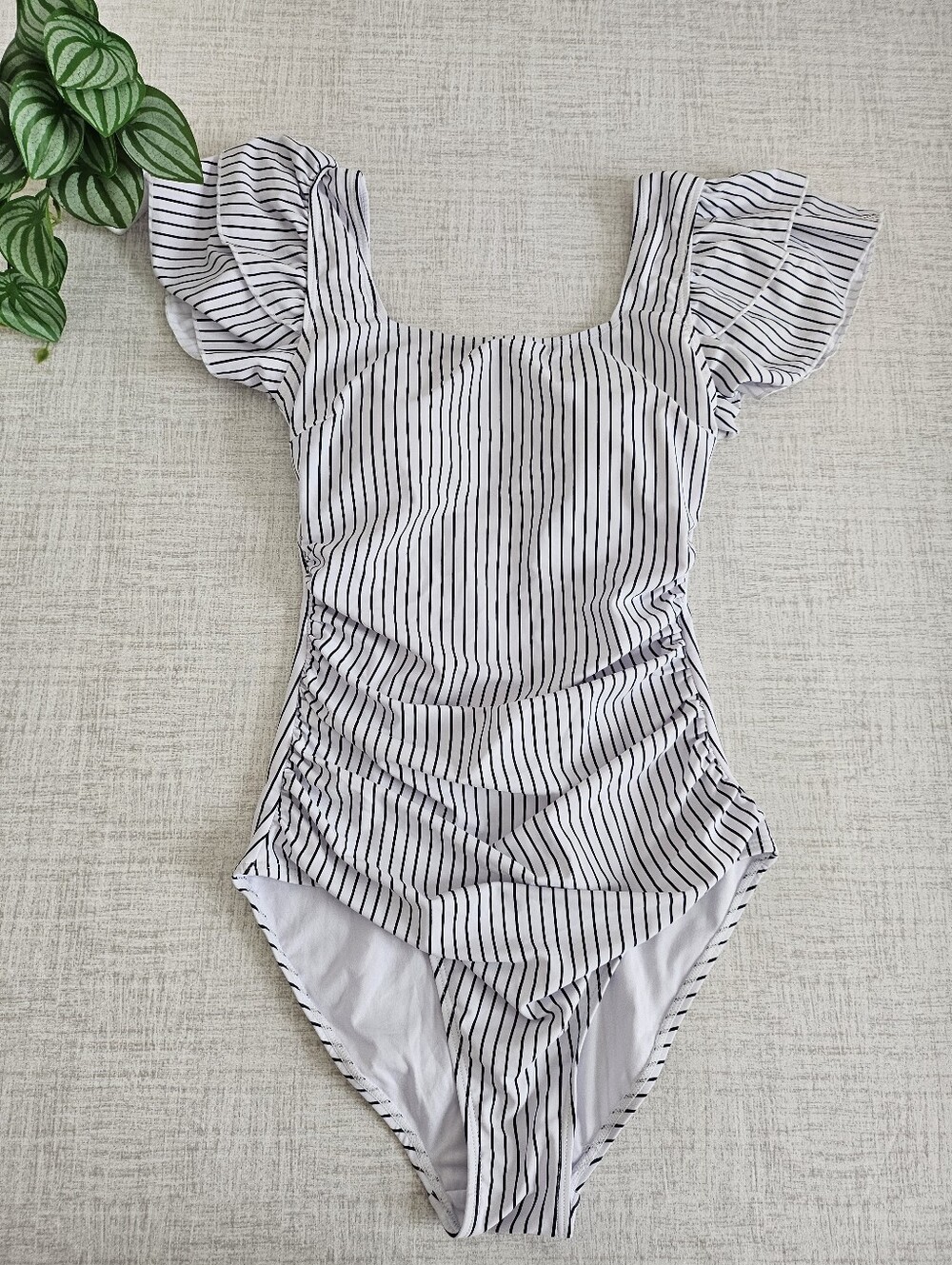 Square Neck Black & White Striped Ruffle Sleeve One Piece Swimwear Small - Picture 7 of 9